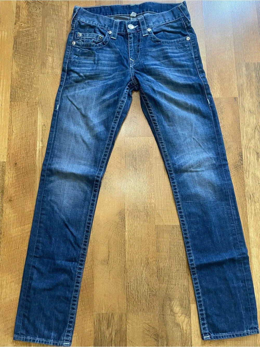 True Religion Blue Denim Skinny Jeans with Horseshoe Pocket Stitching